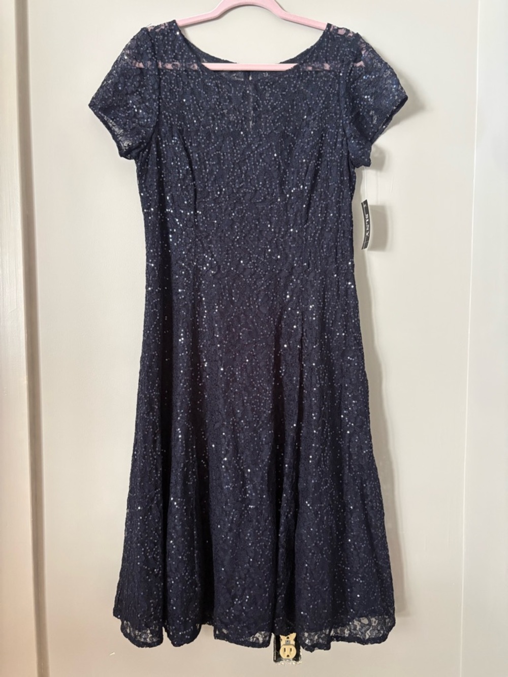 Sparkle Lace Navy Short-Sleeve Midi Dress cocktail wedding